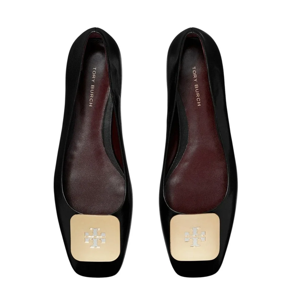 Tory Burch Georgia Ballet‎ Flats Black Leather Gold Logo Square Toe 6.5M